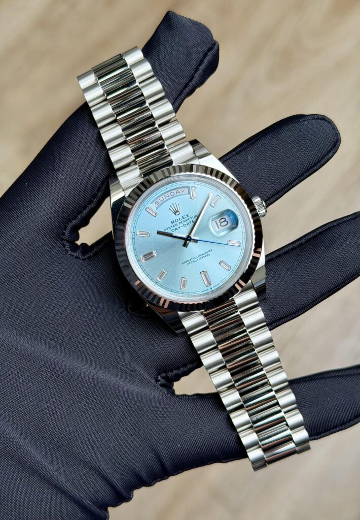Rolex Day-Date 40 Ice Blue Baguette Diamond Fluted President 2026 Unworn 228236