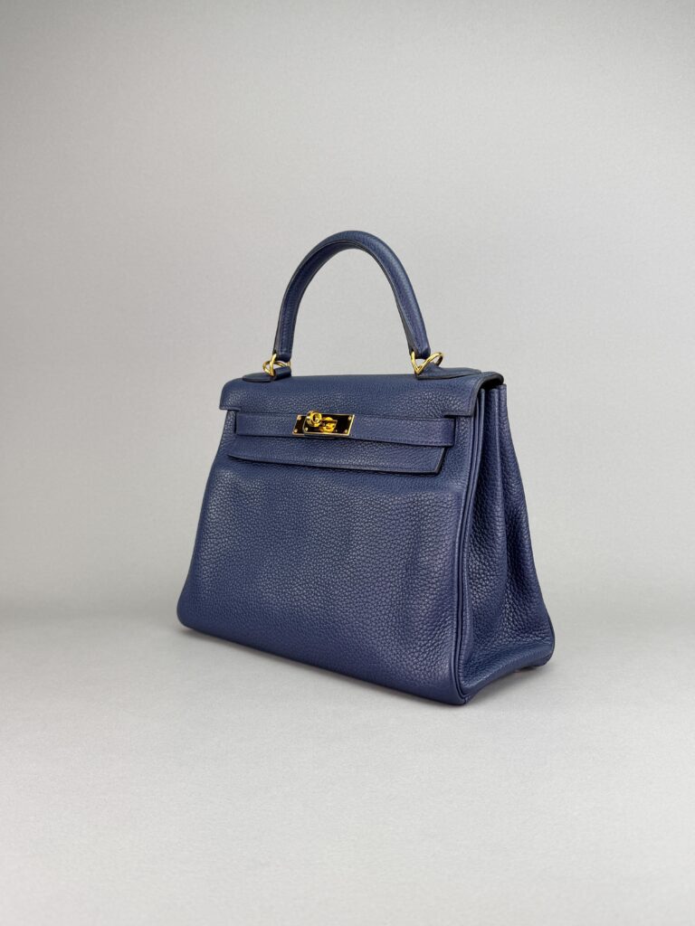 Hermes Kelly 28 Retourne Togo Blue de Malte/Eletric Gold Hardware Preowned Sqr R