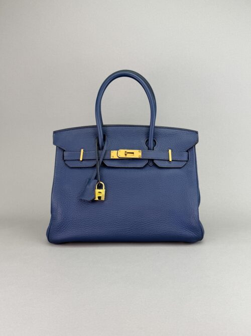 Hermes Birkin 30 Retourne Clemence Blue Navy Gold Hardware Preowned Square N