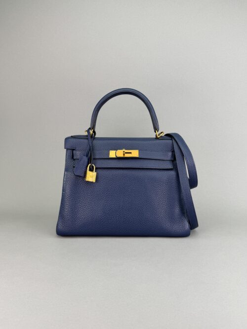 Hermes Kelly 28 Retourne Togo Blue de Malte/Eletric Gold Hardware Preowned Sqr R