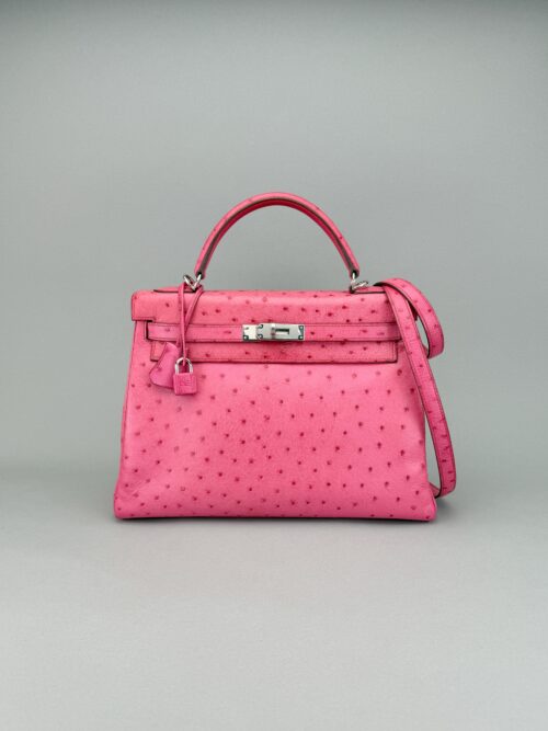 Hermes Kelly 32 Retourne Ostrich Fuchsia Palladium Hardware Preowned Square I