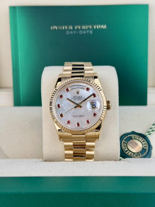 Rolex Day-Date 36mm MOP Pearl Ruby Fluted President Preowned Watch&Box 118238