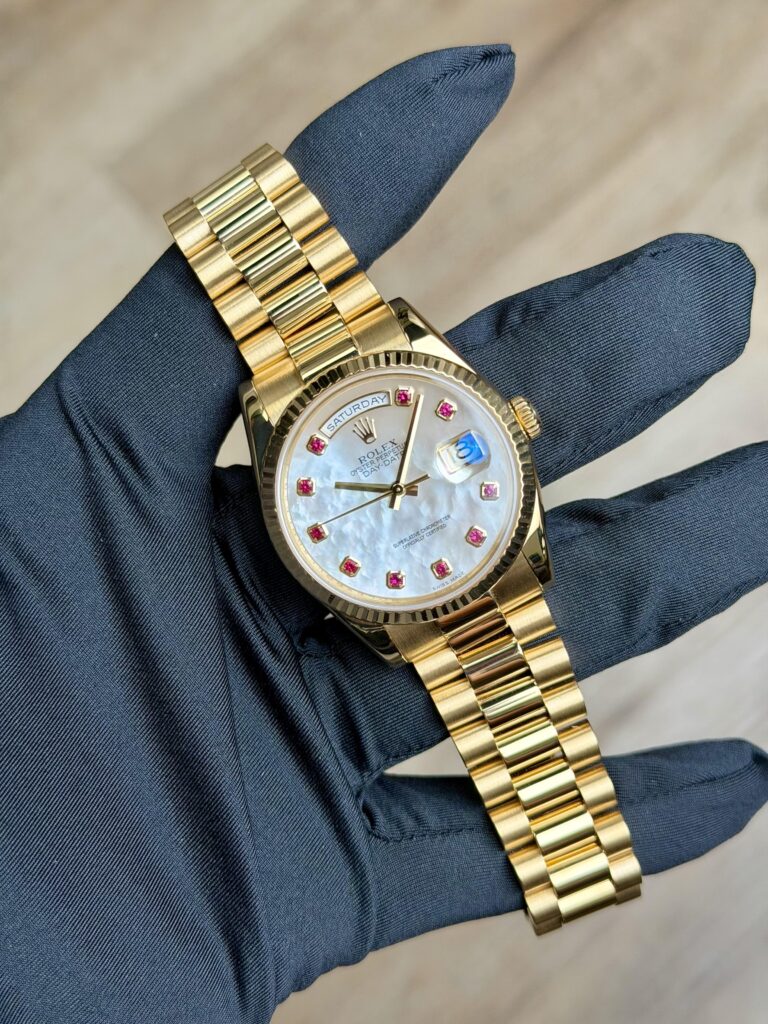 Rolex Day-Date 36mm MOP Pearl Ruby Fluted President Preowned Watch&Box 118238