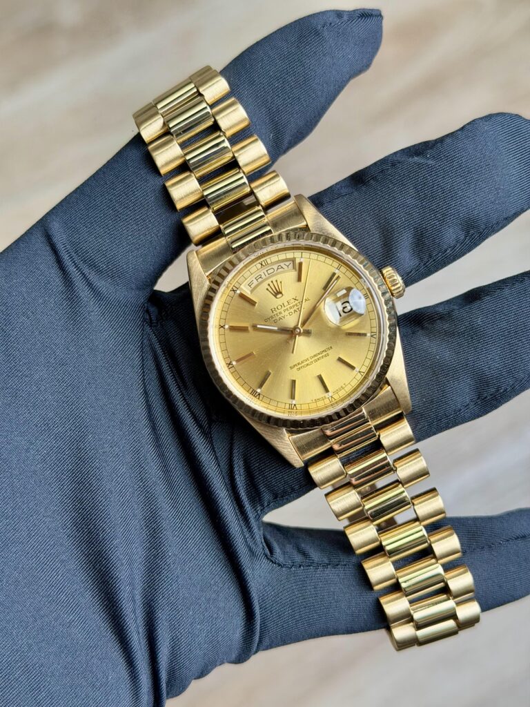 Rolex Day-Date 36mm Champagne Index Fluted President Preowned Watch&Box 18238