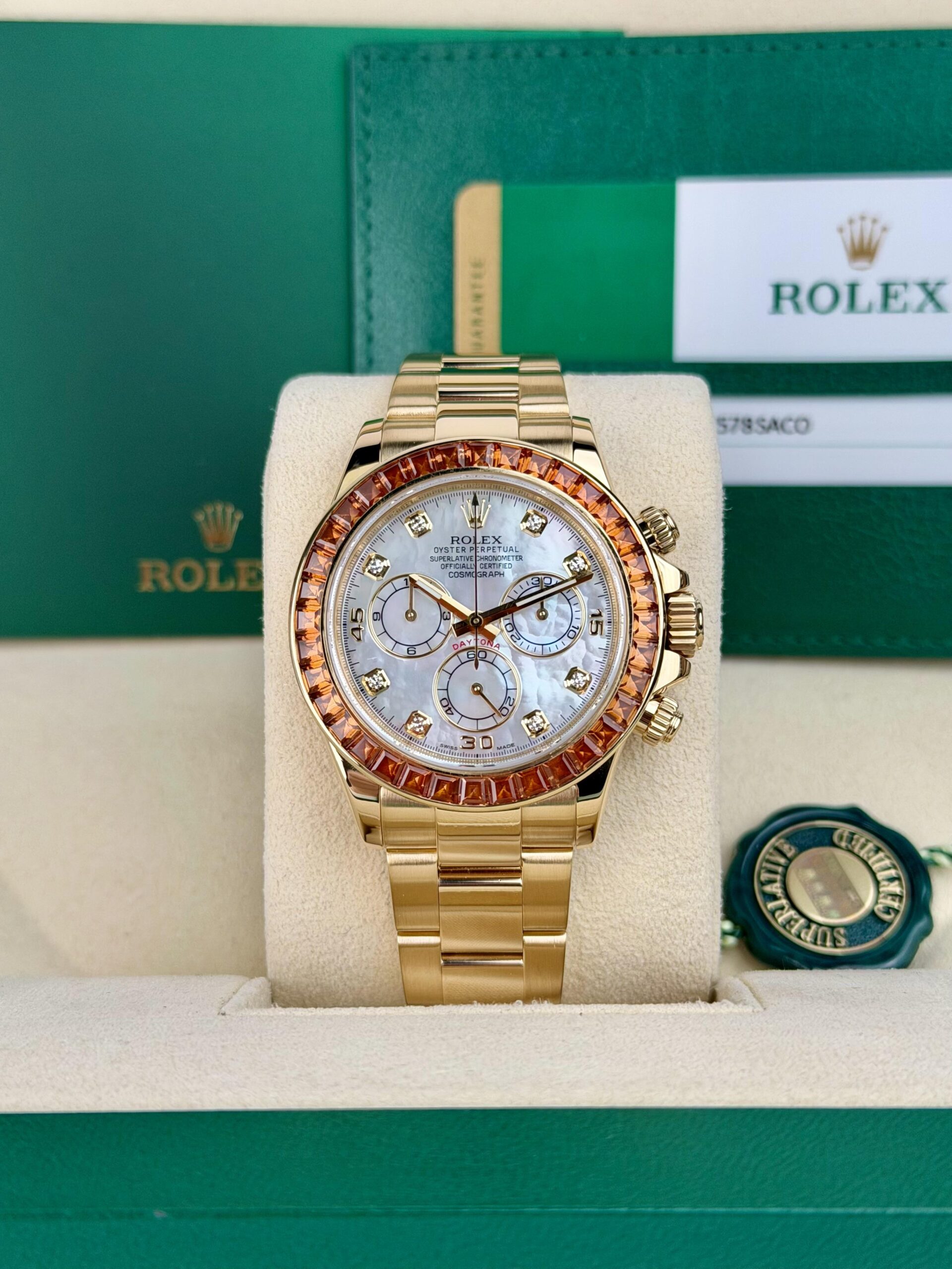 Rolex Daytona 2019 Orange Sapphire MOP Pearl Diamond Oyster 116578SACO