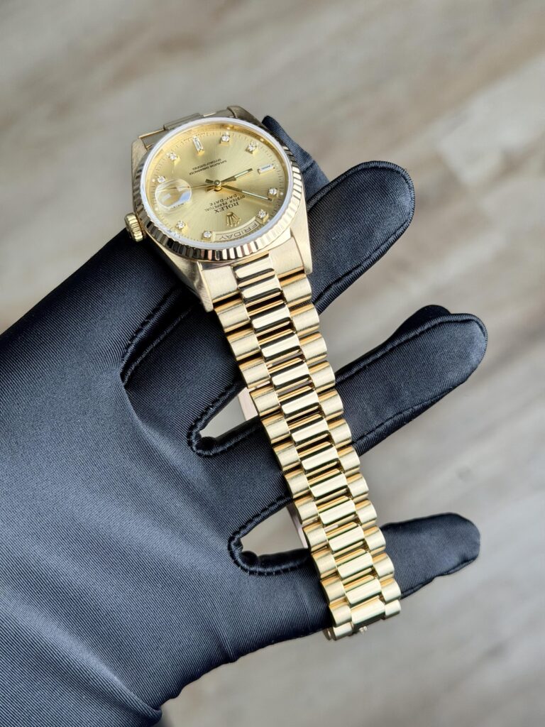 Rolex Day-Date 36mm Champagne Diamond Fluted President Preowned Watch&Box 18238