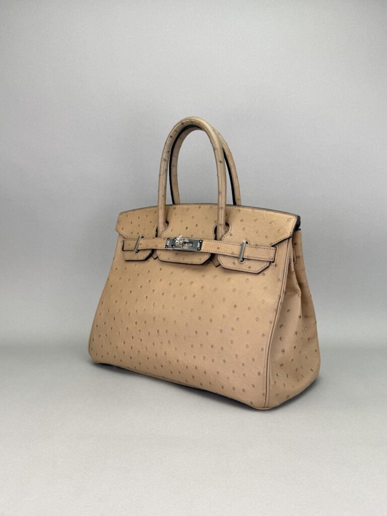 Hermes Birkin 30 Ostrich Gris Mousse Palladium Hardware Preowned Square O