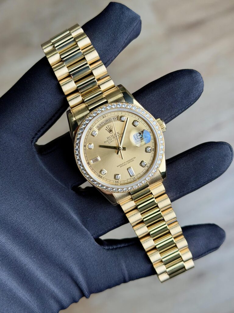 Rolex Day-Date 36 Champagne Baguette Diamond President Preowned 2015 118348