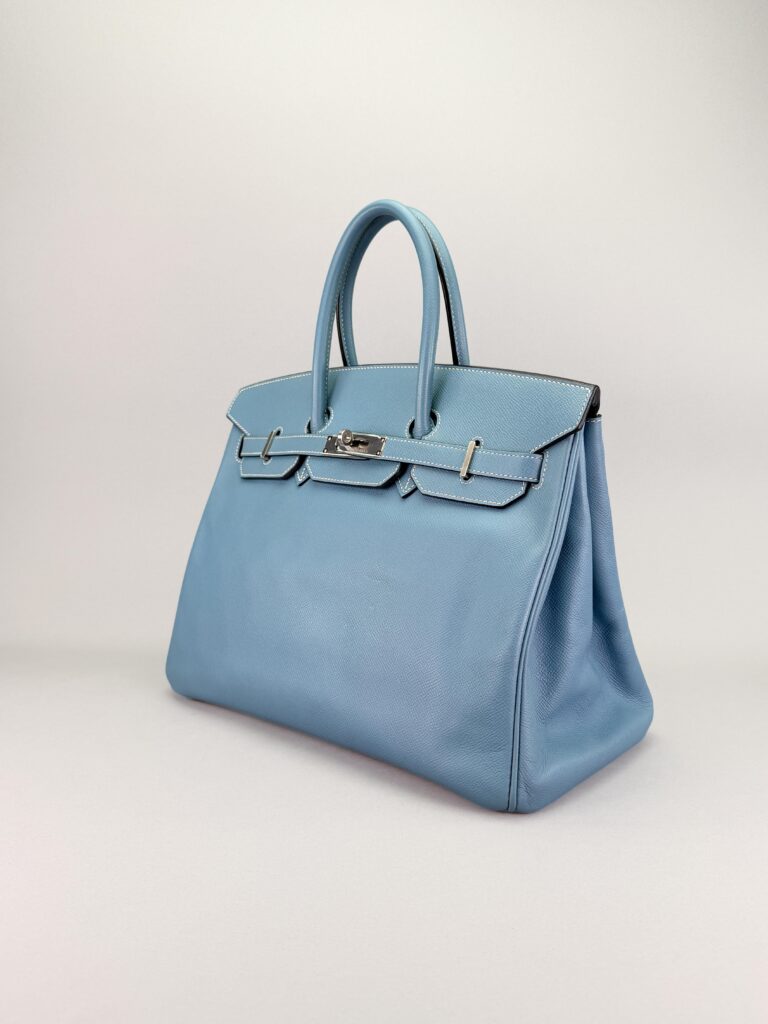 Hermes Birkin 35 Retourne Epsom Blue Jean Palladium Hardware Preowned Square M
