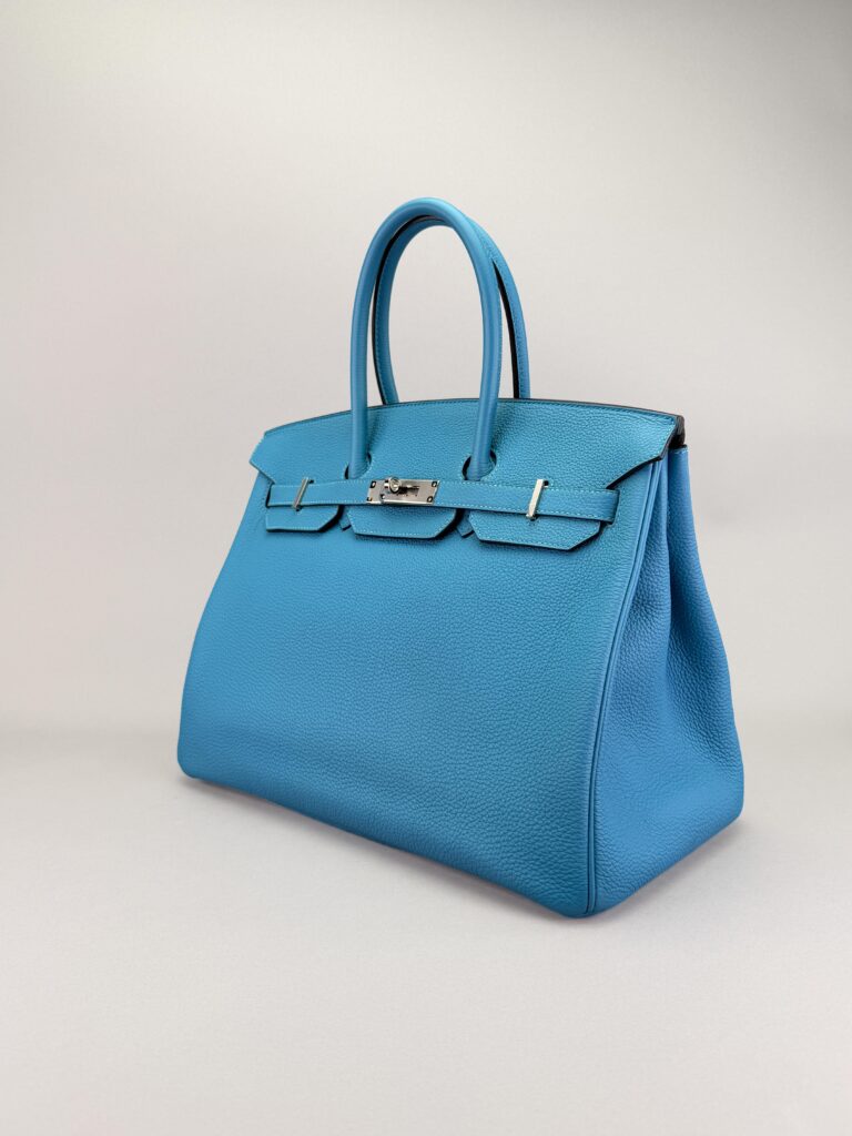 Hermes Birkin 35 Retourne Togo Blue Jean Palladium Hardware Preowned Square R