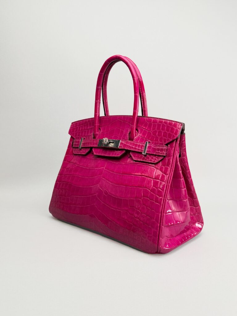 Hermes Birkin 30 Shiny Crocodile Rose Scheherazade Palladium Hardware Preowned P
