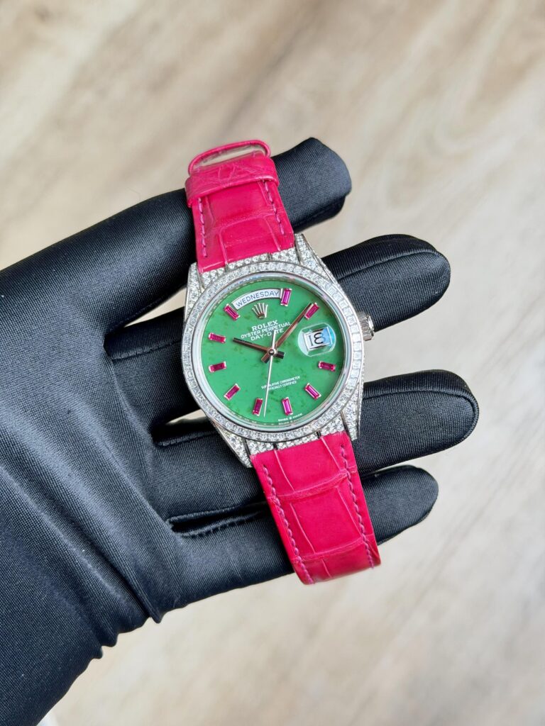 Rolex Day-Date 36mm 2024 Green Jade Baguette Ruby Diamond Preowned 128459TBR