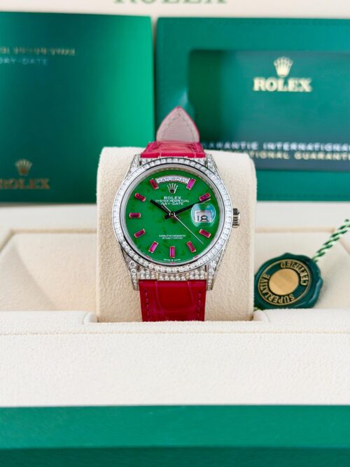 Rolex Day-Date 36mm 2024 Green Jade Baguette Ruby Diamond Preowned 128459TBR