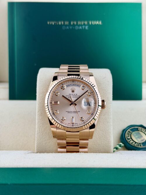 Rolex Day-Date 36mm Sundust Rose Pink Diamond President Preowned W&B 118235