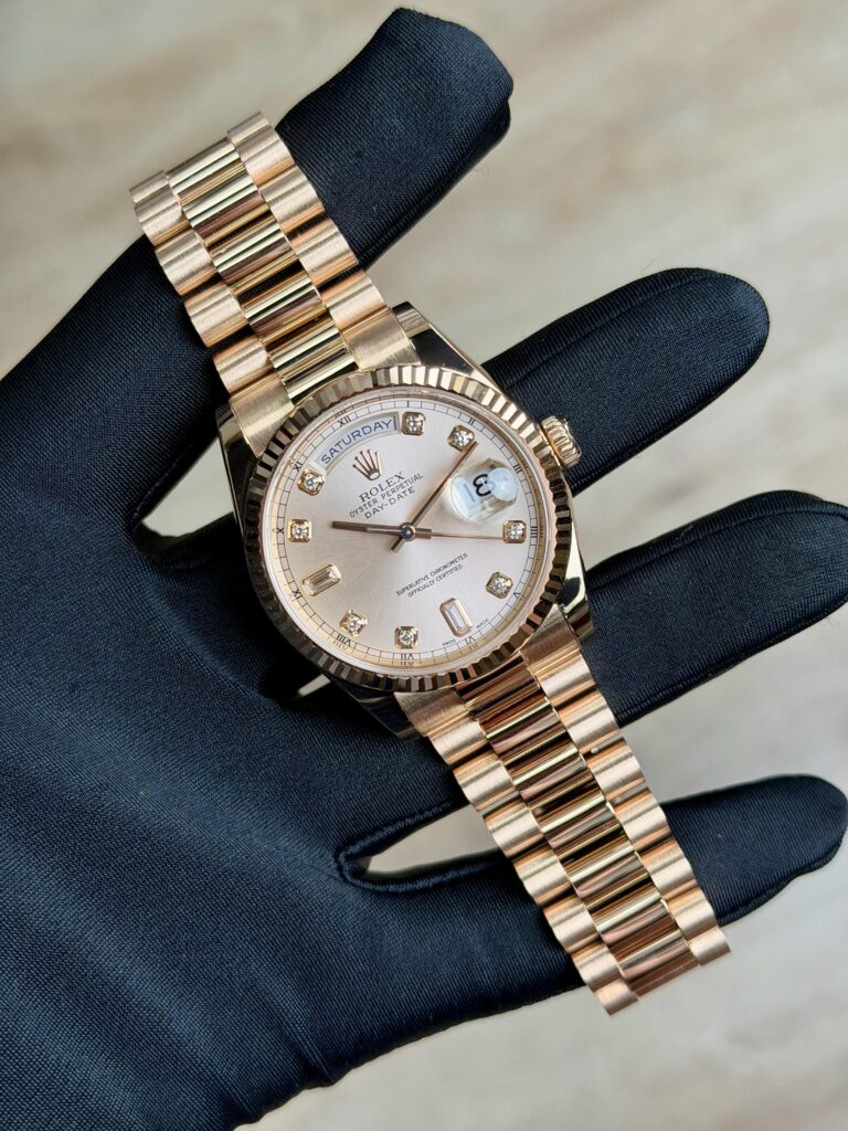 Rolex Day-Date 36mm Sundust Rose Pink Diamond President Preowned W&B 118235