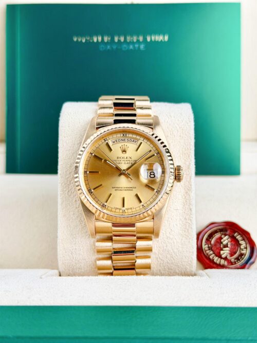Rolex Day-Date 36mm Champagne Index Fluted President Preowned Watch&Box 18238