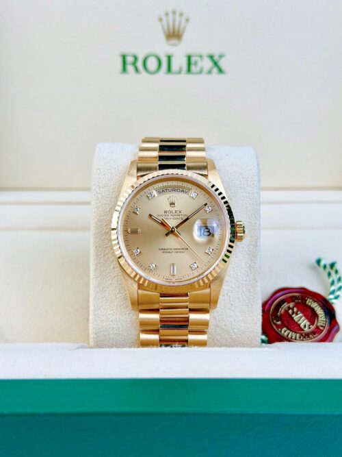 Rolex Day-Date 36mm Champagne Diamond Fluted President Preowned Watch&Box 18238