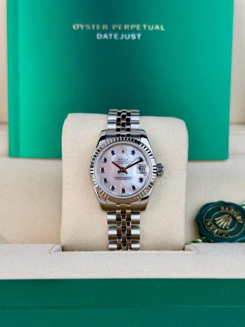 Rolex Datejust 26mm MOP Pearl Blue Sapphire Fluted Jubilee Preowned W&B 179174