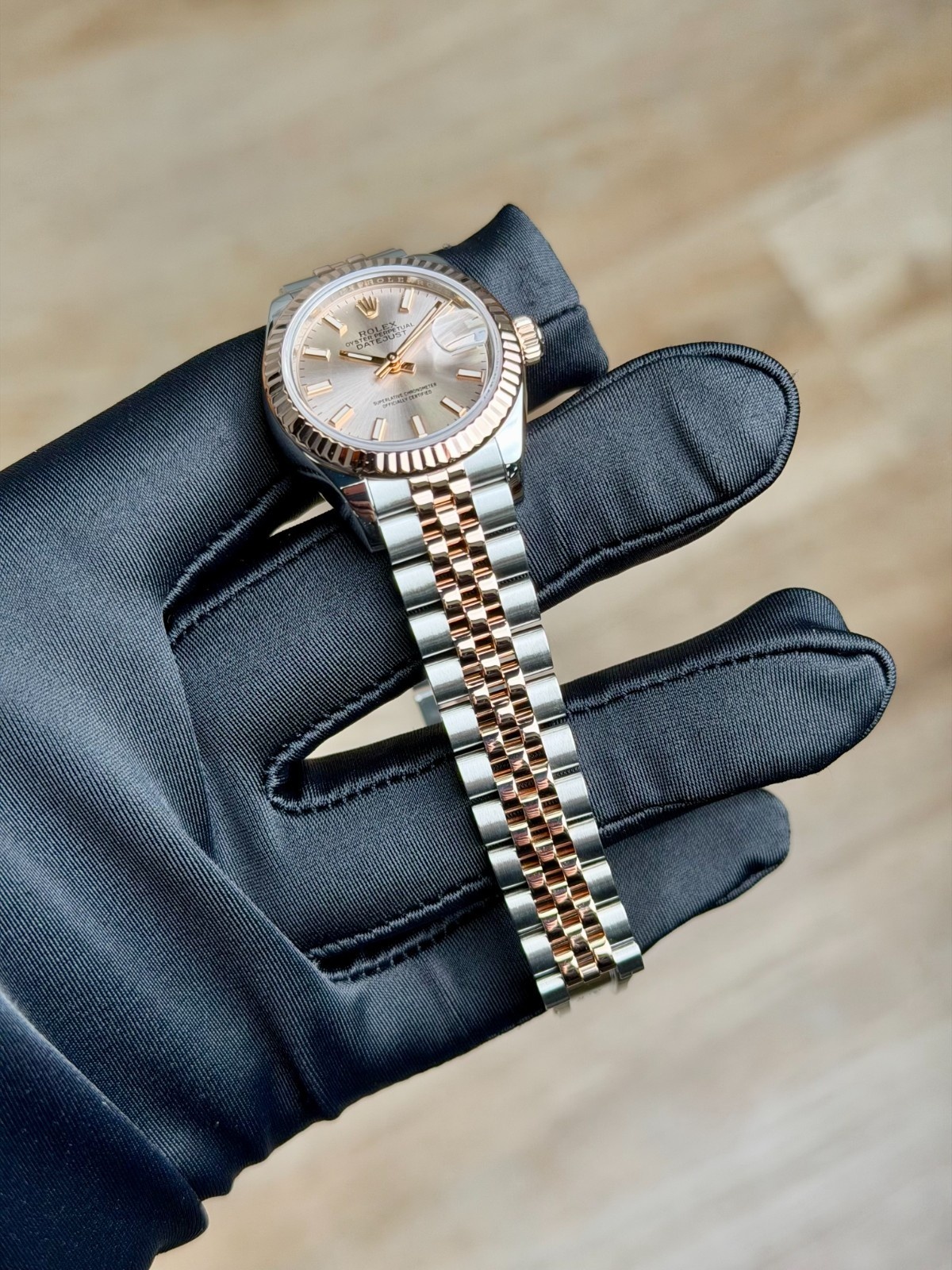 Rolex Datejust 28mm 2021 Rose Pink Sundust Index Fluted Jubilee Preowned 279171
