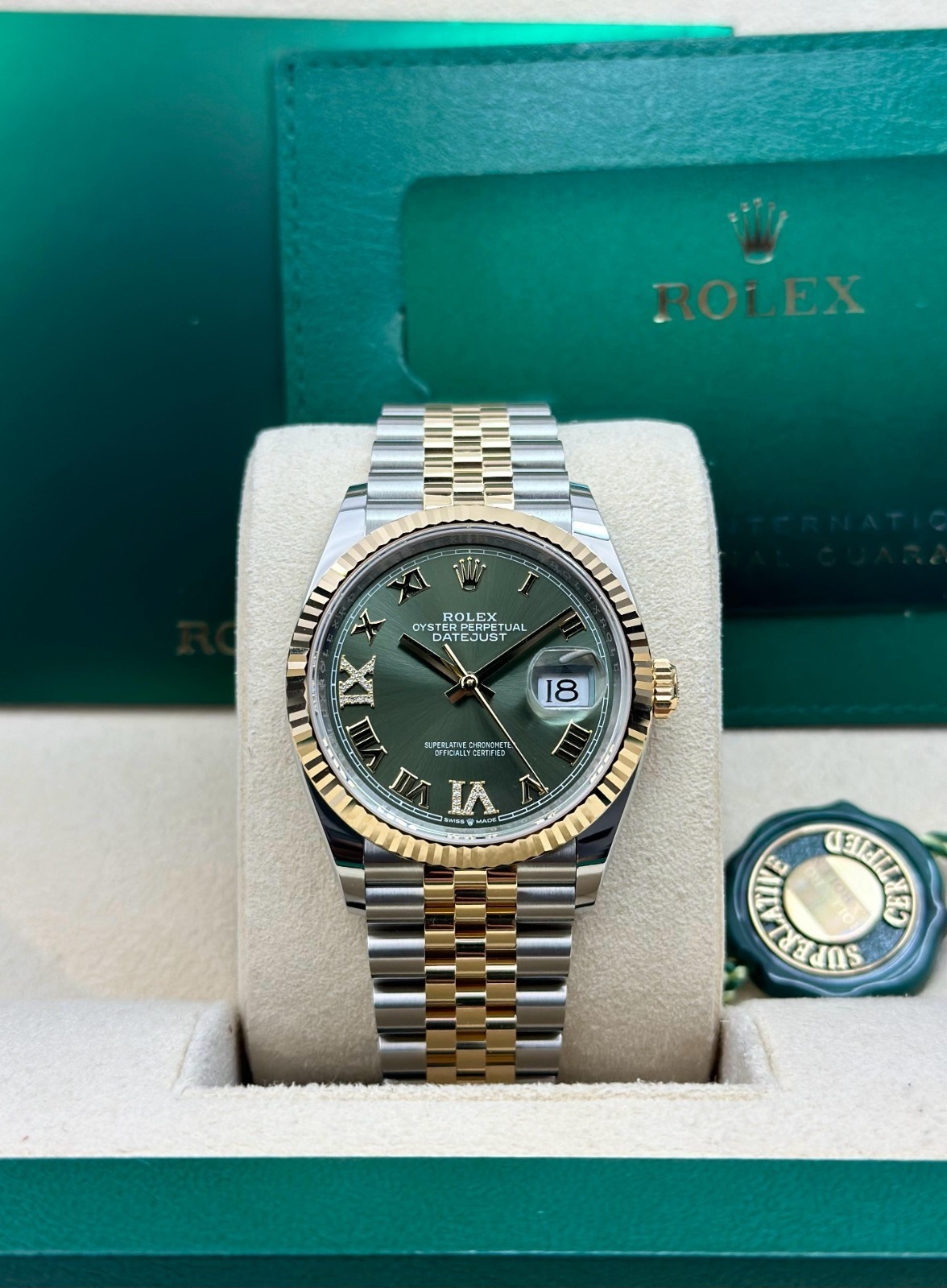 Rolex Datejust 36mm UNWORN 2026 Olive Green Roman VIIX Fluted Jubilee 126233