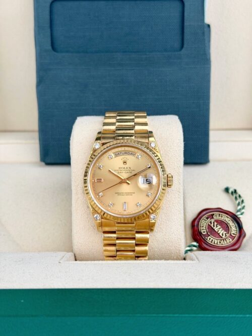 Rolex Day-Date 36 Champagne Diamond Lug President Preowned Watch&Box 18238