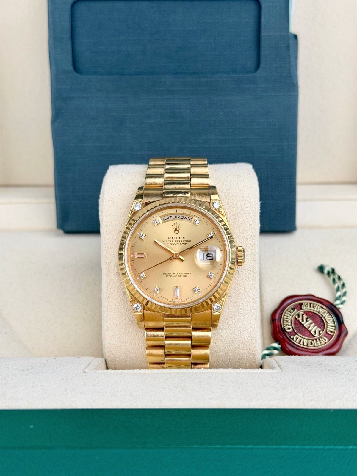 Rolex Day-Date 36 Champagne Diamond Lug President Preowned Watch&Box 18238