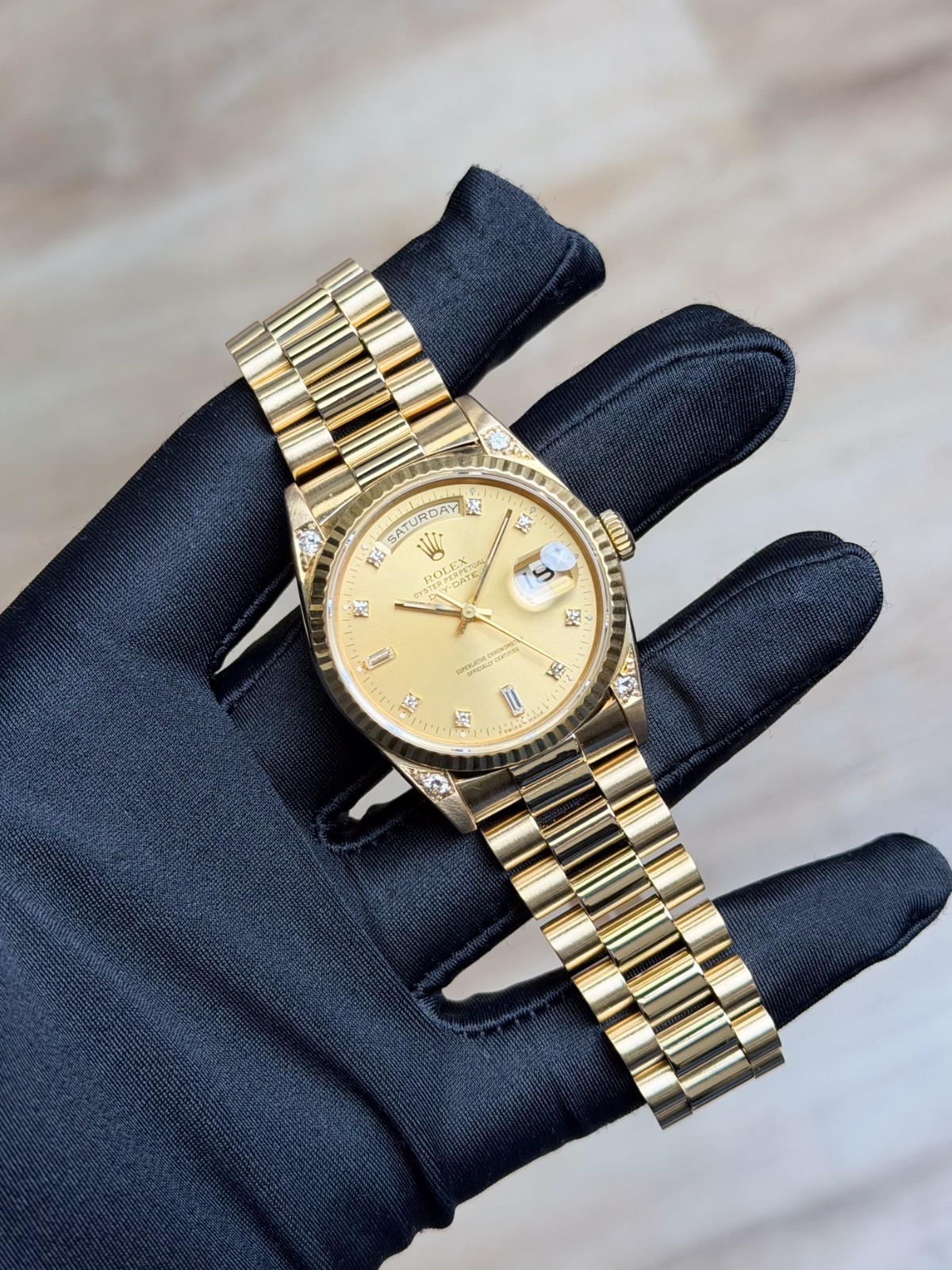 Rolex Day-Date 36 Champagne Diamond Lug President Preowned Watch&Box 18238