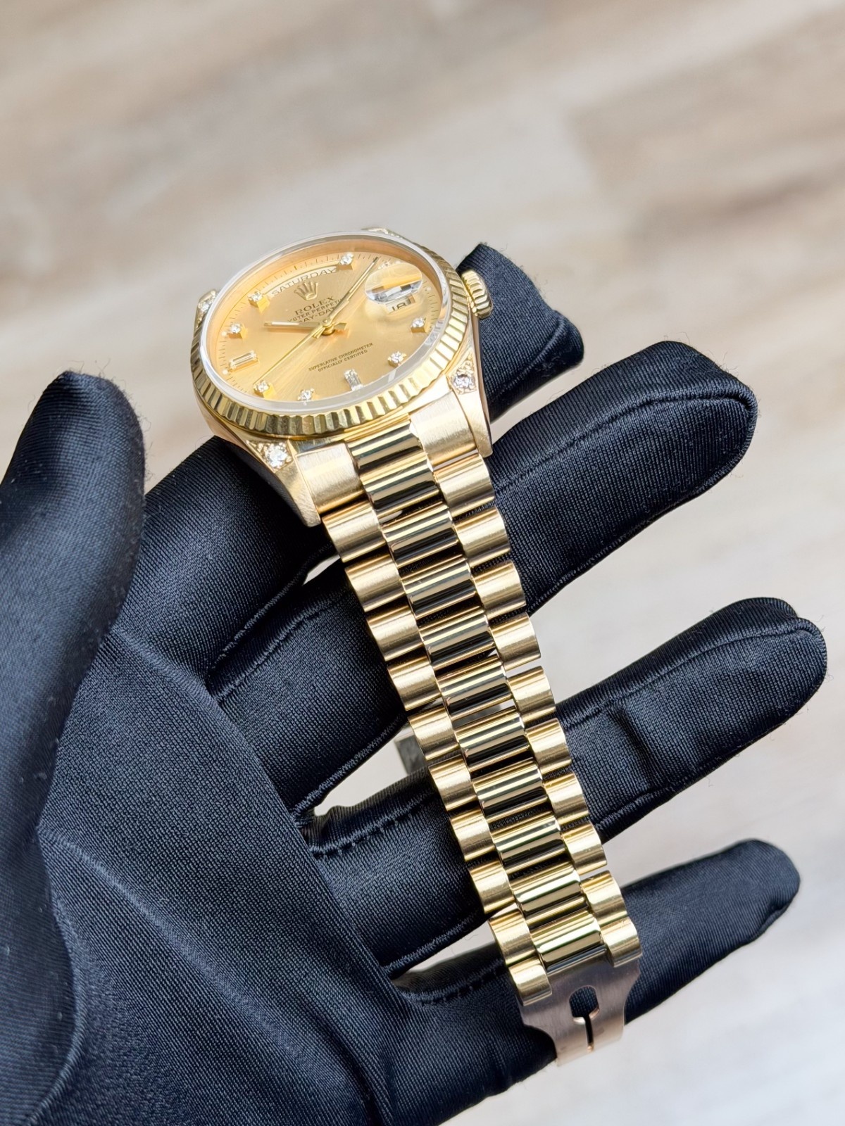 Rolex Day-Date 36 Champagne Diamond Lug President Preowned Watch&Box 18238