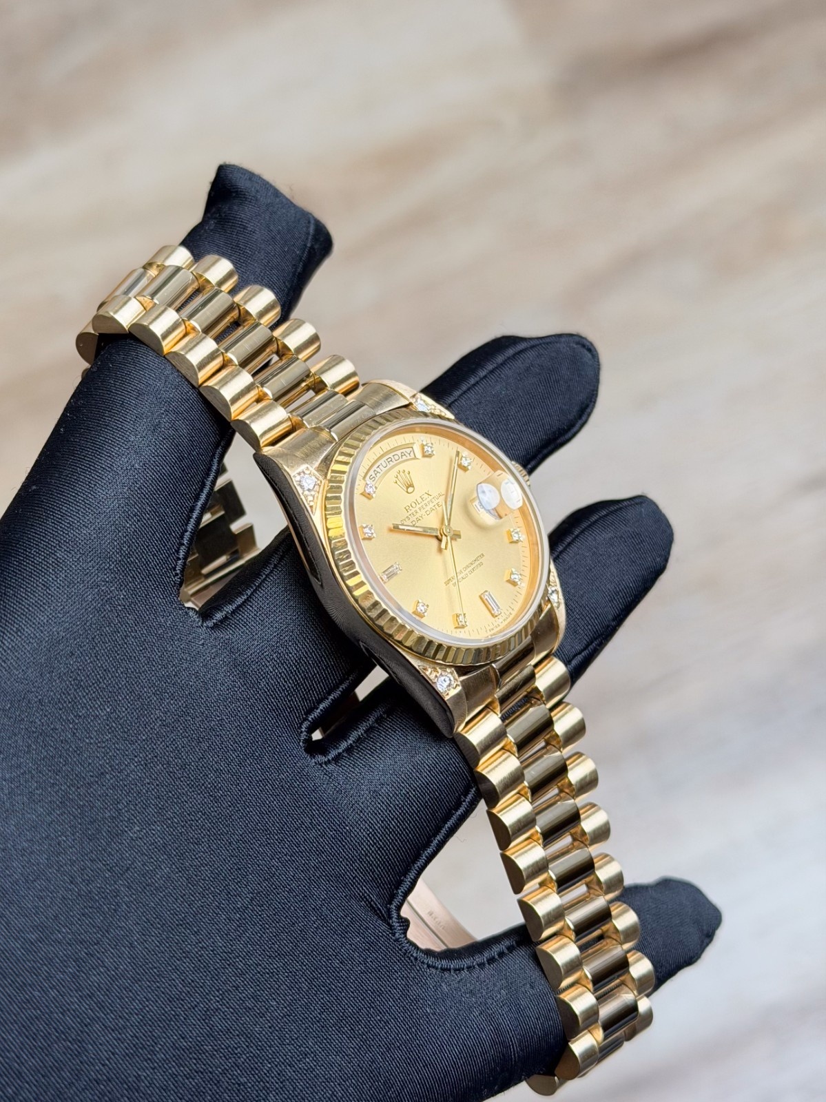 Rolex Day-Date 36 Champagne Diamond Lug President Preowned Watch&Box 18238