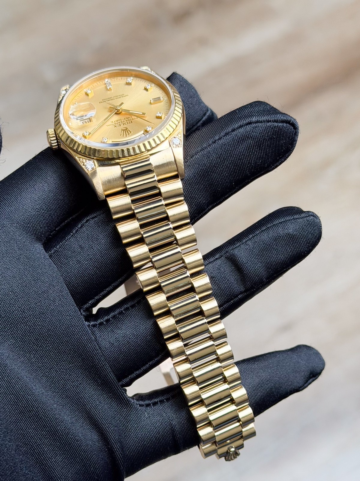 Rolex Day-Date 36 Champagne Diamond Lug President Preowned Watch&Box 18238