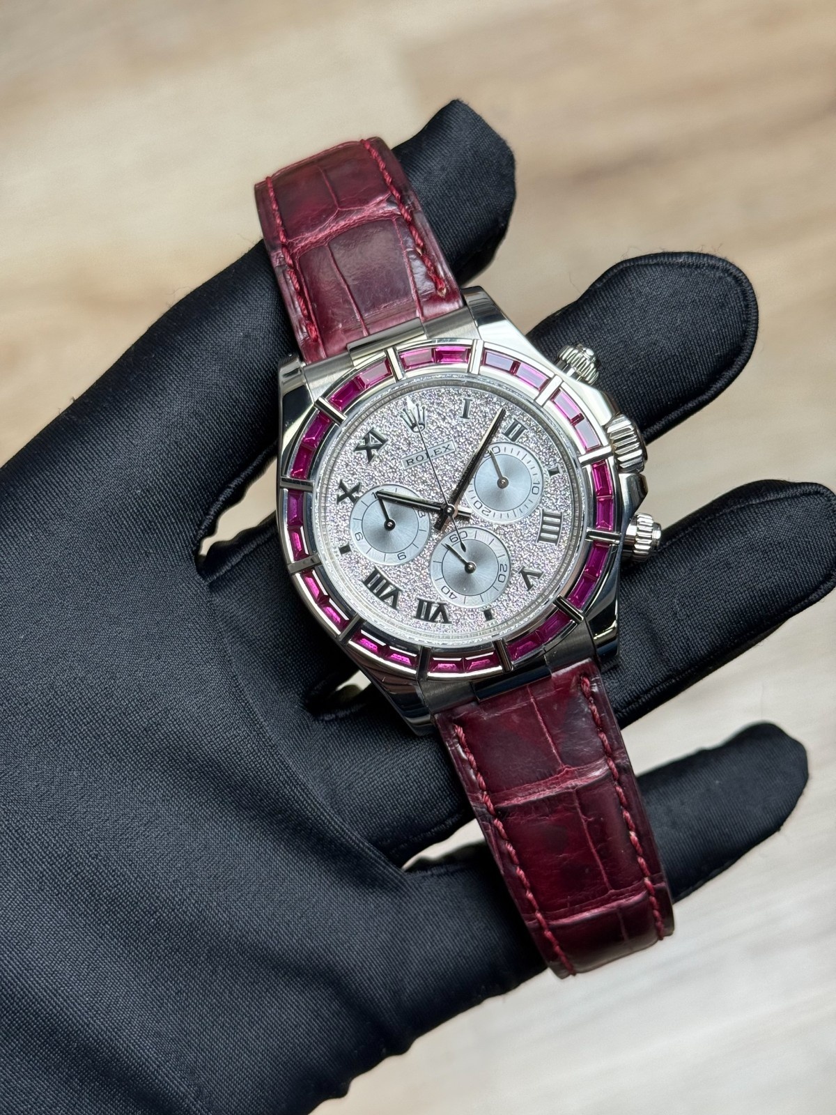 Rolex Daytona White Gold Pave Diamond Roman Ruby Leather 116589SALV