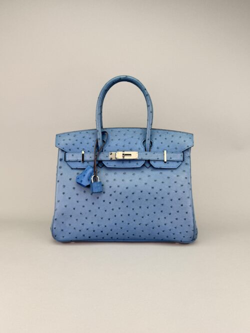 Hermes Birkin 30 Ostrich Blue Thalassa Palladium Hardware Preowned Square O