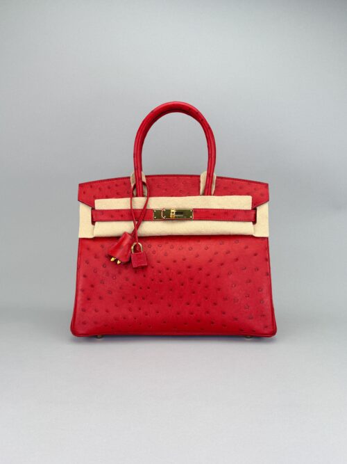Hermes Birkin 30 Ostrich Rouge Vif Gold Hardware Preowned X Stamp