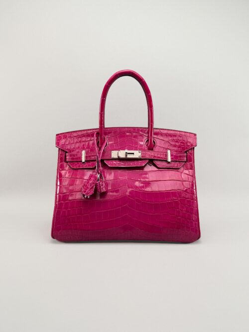 Hermes Birkin 30 Shiny Crocodile Rose Scheherazade Palladium Hardware Preowned P