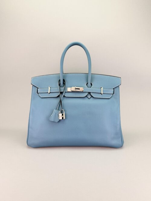 Hermes Birkin 35 Retourne Epsom Blue Jean Palladium Hardware Preowned Square M