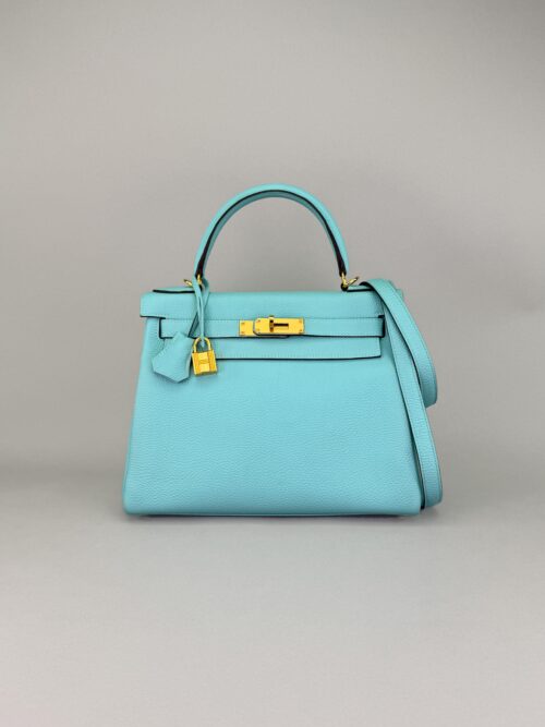 Hermes Kelly 28 Retourne Togo Blue Atoll Gold Hardware Preowned X Stamp