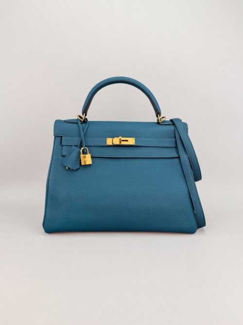 Hermes Kelly 32 Retourne Togo Cobalt Gold Hardware Preowned X Stamp