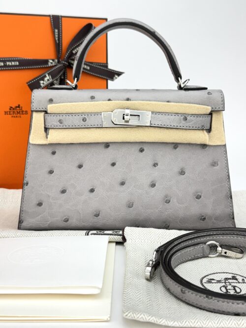 Hermes Mini Kelly 20 Ostrich Gris Mouette Palladium Hardware G Stamp 2026