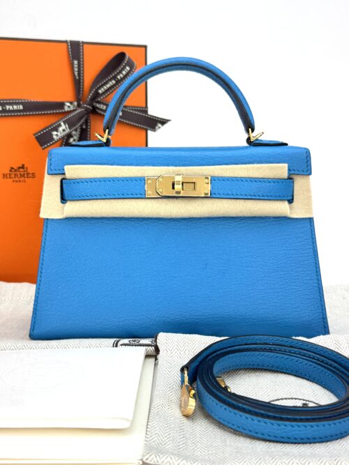 Hermes Mini Kelly 20 Chevre Blue Frida Gold Hardware Y Stamp Excellent