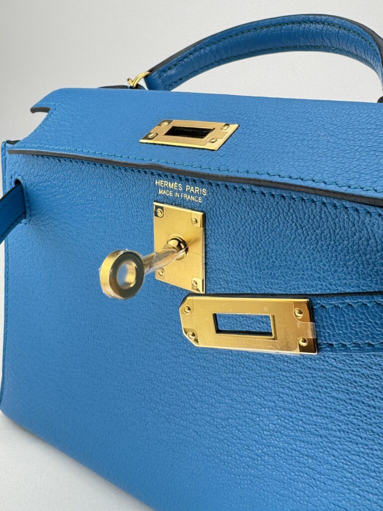 Hermes Mini Kelly 20 Chevre Blue Frida Gold Hardware Y Stamp Excellent