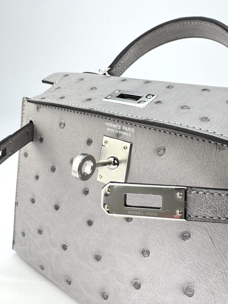 Hermes Mini Kelly 20 Ostrich Gris Mouette Palladium Hardware G Stamp 2026