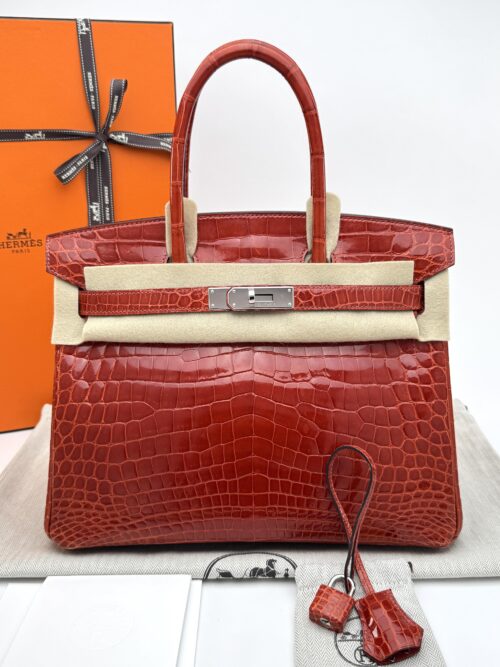 Hermes Birkin 30 Shiny Crocodile Geranium Palladium Hardware Preowned T Stamp