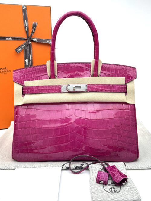 Hermes Birkin 30 Shiny Crocodile Rose Scheherazade Palladium Hardware Preowned P