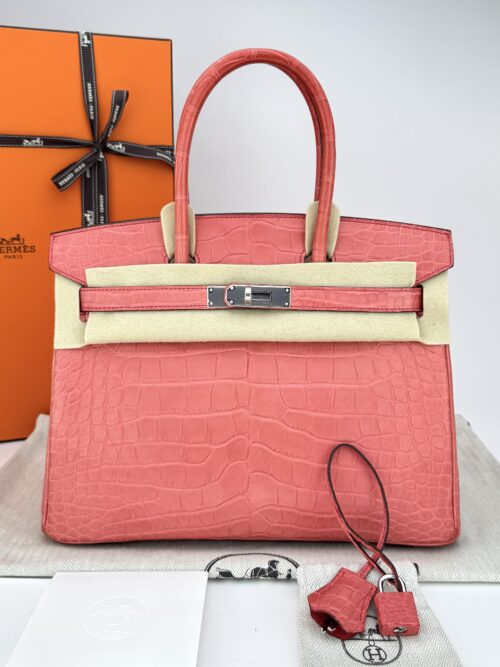 Hermes Birkin 30 Matte Alligator Bougainvillier Palladium Hardware C Stamp