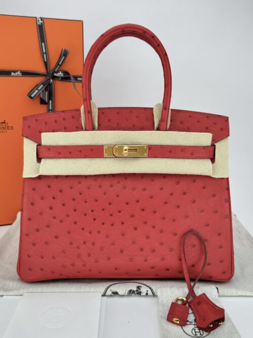 Hermes Birkin 30 Ostrich Rouge Vif Gold Hardware X Stamp