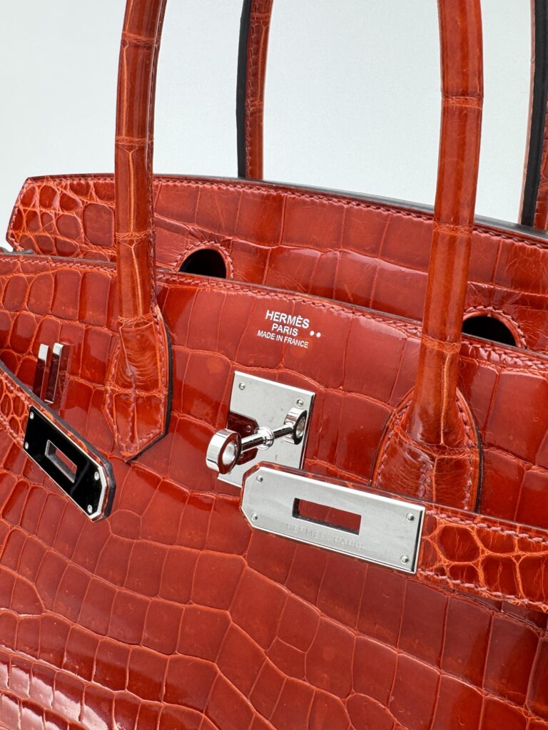 Hermes Birkin 30 Shiny Crocodile Geranium Palladium Hardware Preowned T Stamp