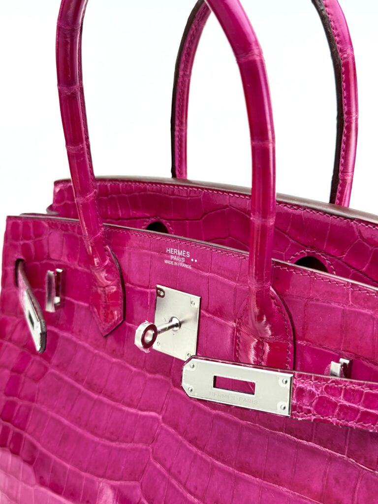 Hermes Birkin 30 Shiny Crocodile Rose Scheherazade Palladium Hardware Preowned P