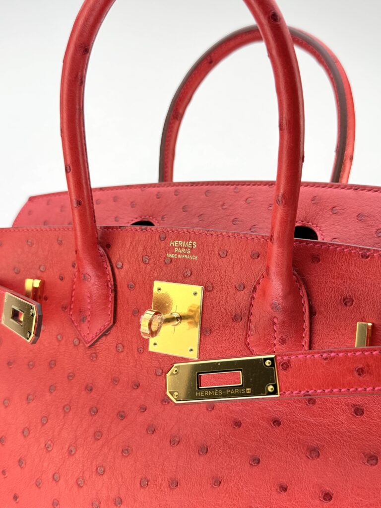 Hermes Birkin 30 Ostrich Rouge Vif Gold Hardware X Stamp