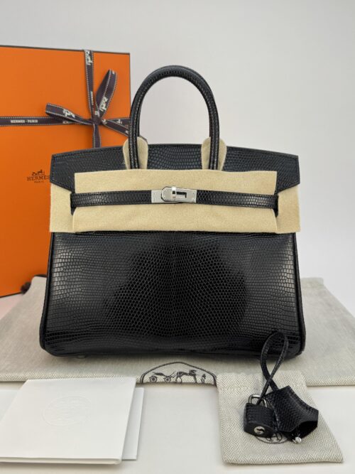 Hermes Birkin 25 Shiny Lizard Black/Noir Palladium Hardware Unworn B Stamp