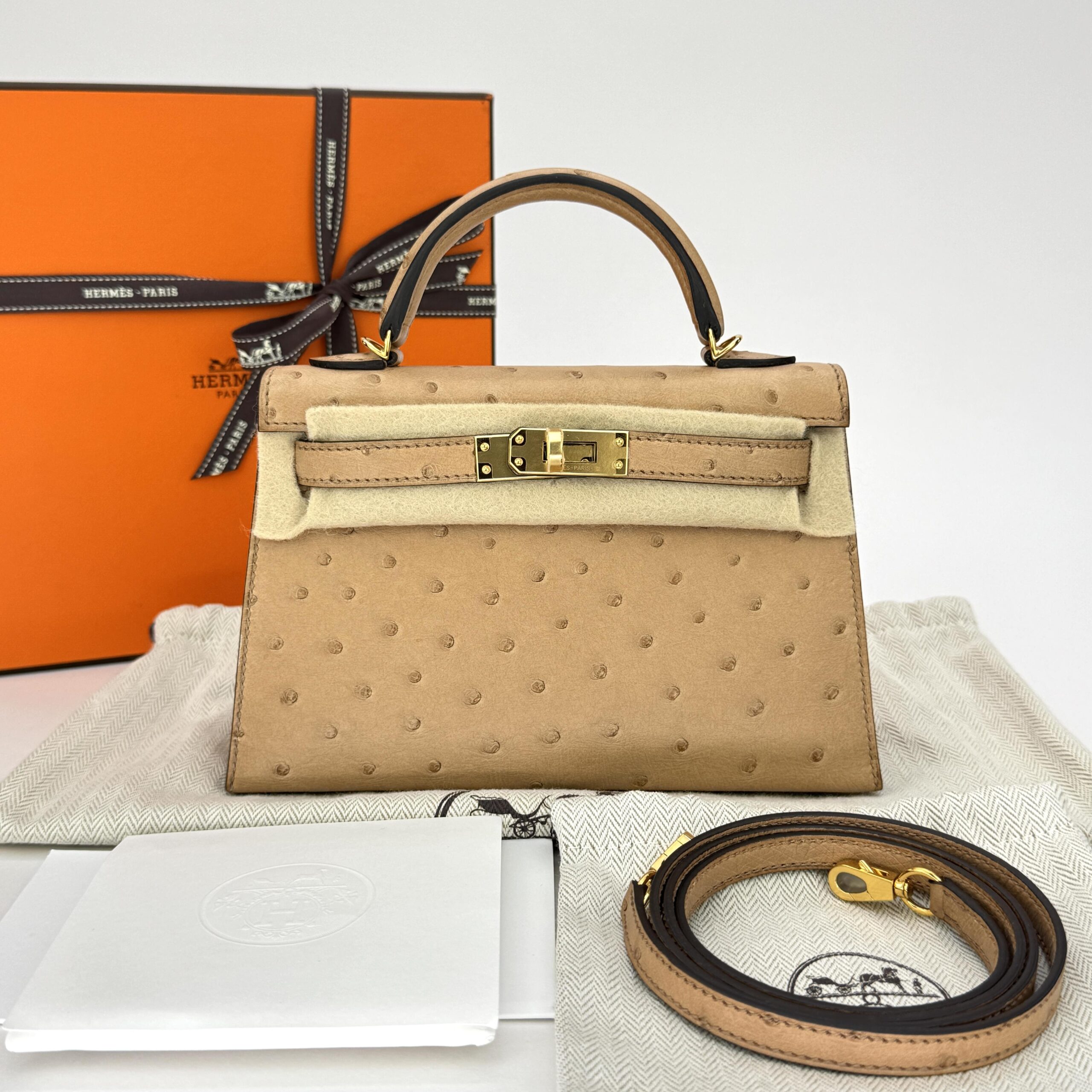 Hermes Mini Kelly 20 Ostrich Chai Gold Hardware U Stamp Unworn